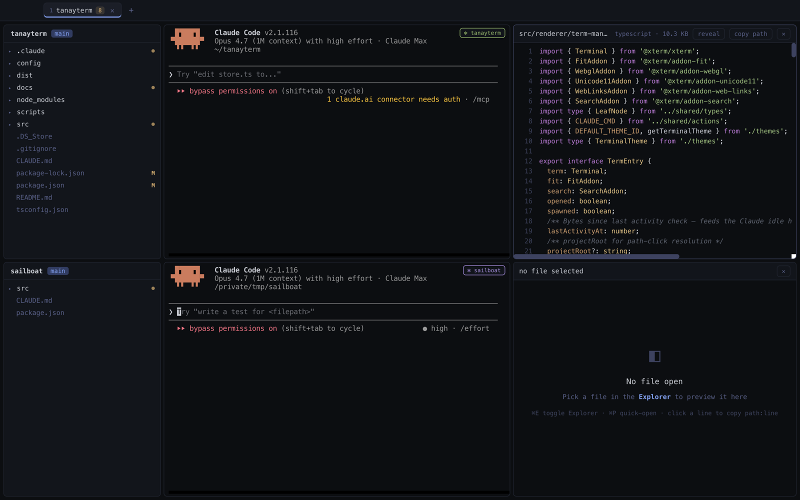 tterm with two stacked project rows, each running its own Claude Code session next to a file explorer and a viewer